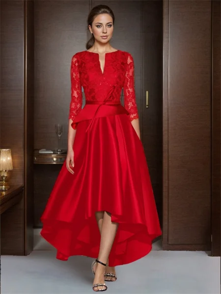 A-line Bateau 3/4 Sleeves Ruffles Asymmetrical Satin Mother of the Bride Dress