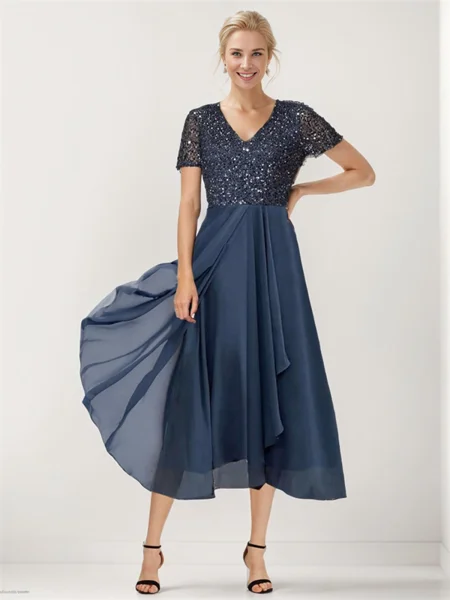 A-line V-neck Short Sleeves Sequin Asymmetrical Chiffon Mother of the Bride Dress