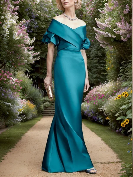 Sheath Off-the-Shoulder Short Sleeves Pleated Floor-Length Satin Mother of the Bride Dress