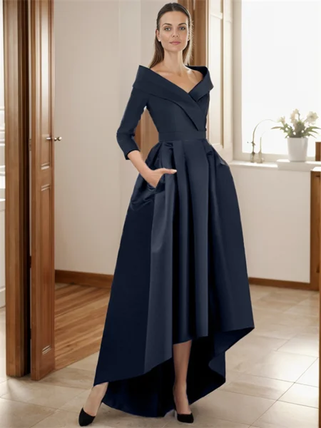 A-line V-neck 3/4 Sleeves Pleated Asymmetrical Satin Mother of the Bride Dress