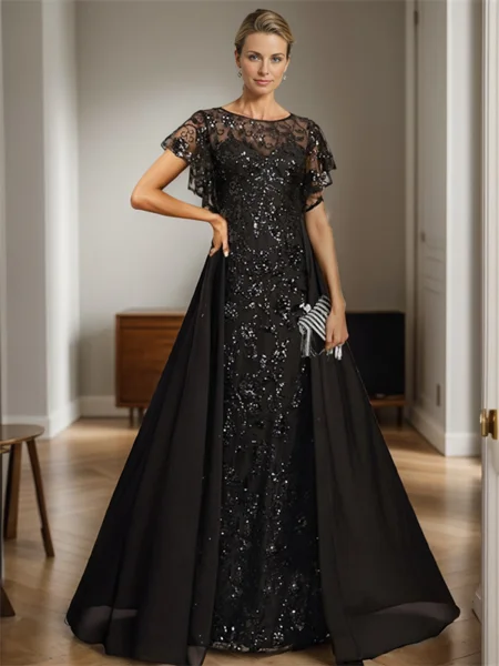 A-line Bateau Short Sleeves Sequin Floor-Length Chiffon Mother of the Bride Dress