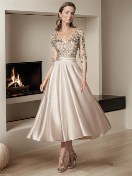 A-line V-neck 3/4 Sleeves Applique Tea-Length Satin Mother of the Bride Dress