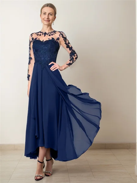 A-line Illusion 3/4 Sleeves Ruffles Asymmetrical Chiffon Mother of the Bride Dress