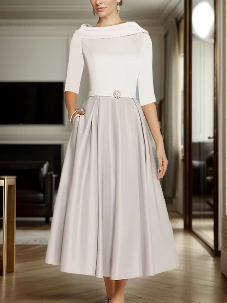 A-Line/Princess Satin Scoop 1/2 Sleeves Tea-Length Mother of the Bride Dress