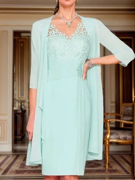 Sheath/Column Chiffon Applique V-neck Sleeveless Knee-Length Mother of the Bride Dress