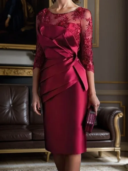 Sheath/Column Satin Applique Ruched Scoop 3/4 Sleeves Knee-Length Mother of the Bride Dress