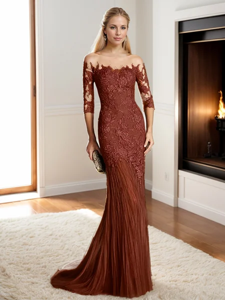 Trumpet/Mermaid Sheer Neck Sweep Train Tulle 3/4 Sleeves Back Zip Mother of the Bride Dresses