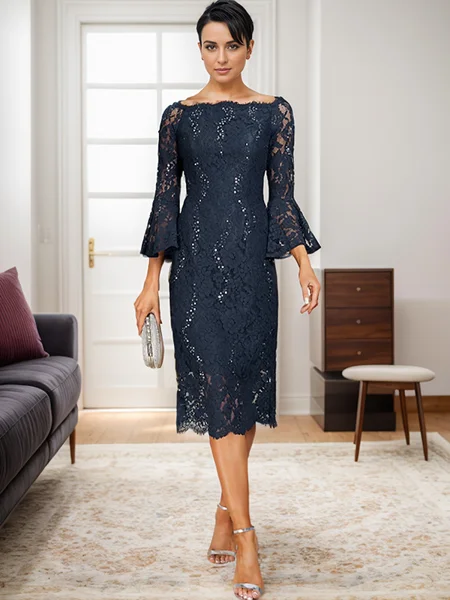 Sheath/Column Scoop Tea-Length Lace 3/4 Sleeves Back Zip Mother of the Bride Dresses