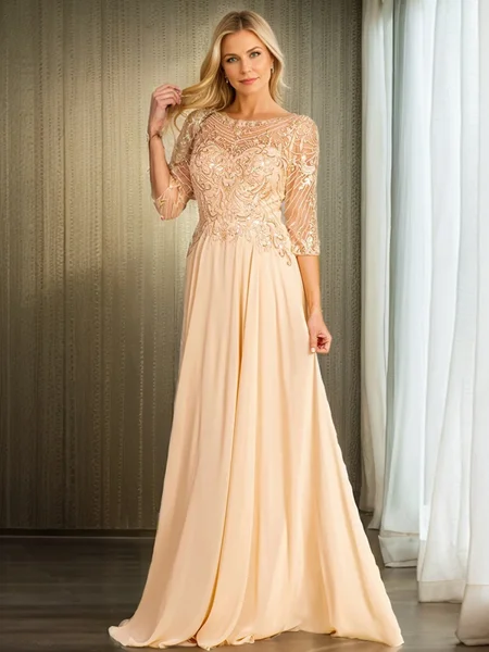 A-line/Princess Bateau Sweep Train Chiffon 3/4 Sleeves Back Zip Mother of the Bride Dresses