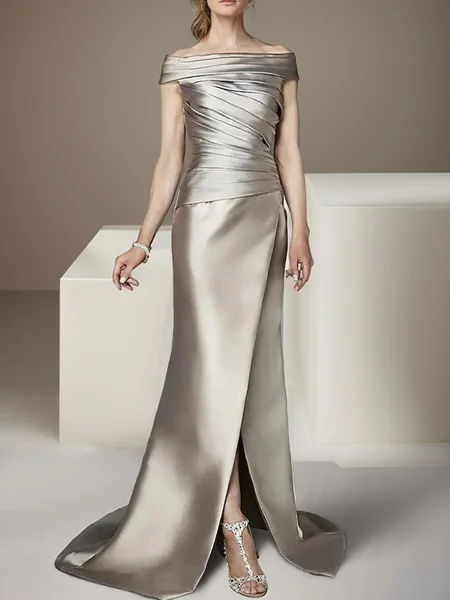 Sheath/Column Satin Off-the-Shoulder Sleeveless Sweep-Train Mother of the Bride Dress