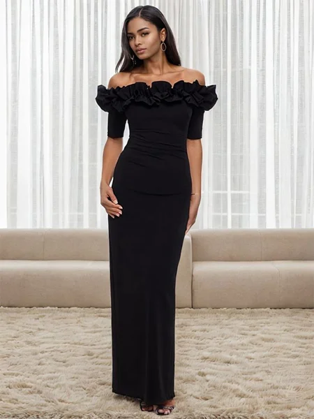 Sheath/Column Stretch Crepe Off-the-Shoulder 1/2 Sleeves Floor-Length Mother of the Bride Dress