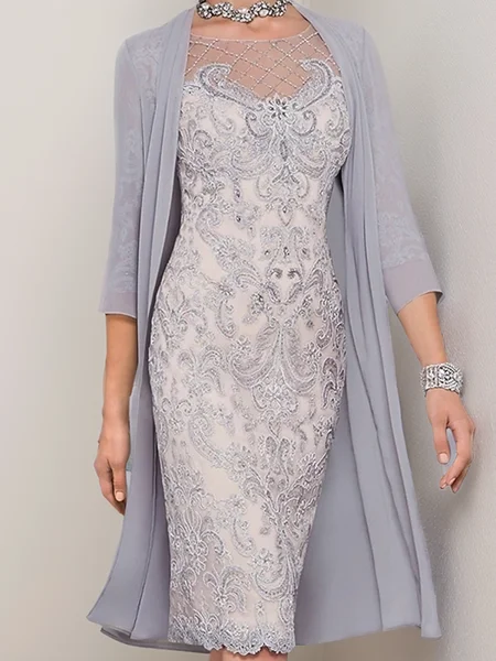 Sheath/Column Chiffon Scoop 3/4 Sleeves Knee-Length Mother of the Bride Dress