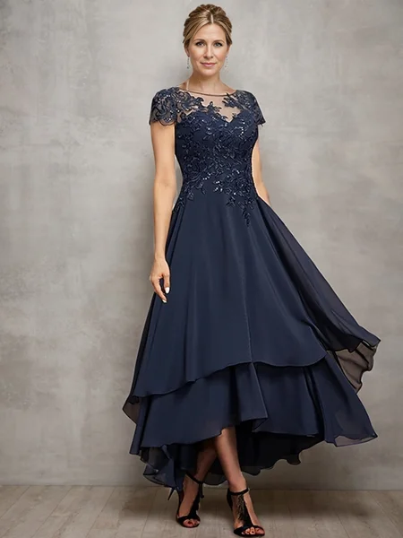 A-line/Princess Chiffon Scoop Short Sleeves Ankle-Length Mother of the Bride Dress