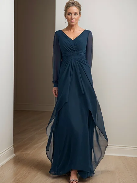A-line/Princess Chiffon V-neck Long Sleeves Floor-Length Mother of the Bride Dress
