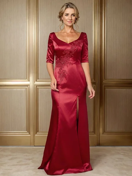 Sheath V-neck 1/2 Sleeves Appliques Lace Floor-Length Silk Like Satin Mother of the Bride Dress