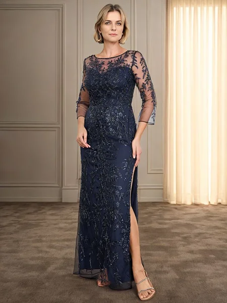 Sheath Scoop 3/4 Sleeves Floor-Length Lace Mother of the Bride Dress