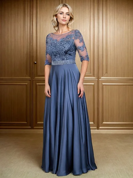 A-line Scoop 1/2 Sleeves Appliques Lace Floor-Length Satin Chiffon Mother of the Bride Dress