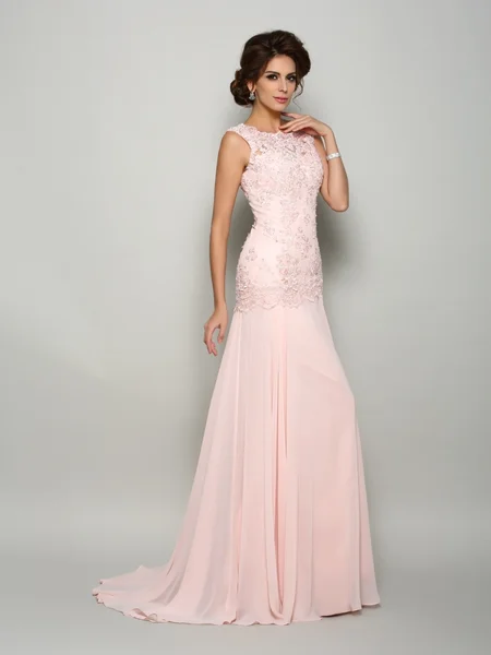 Trumpet/Mermaid Scoop Sweep Train Chiffon Mother of the Bride Dresses With Beading