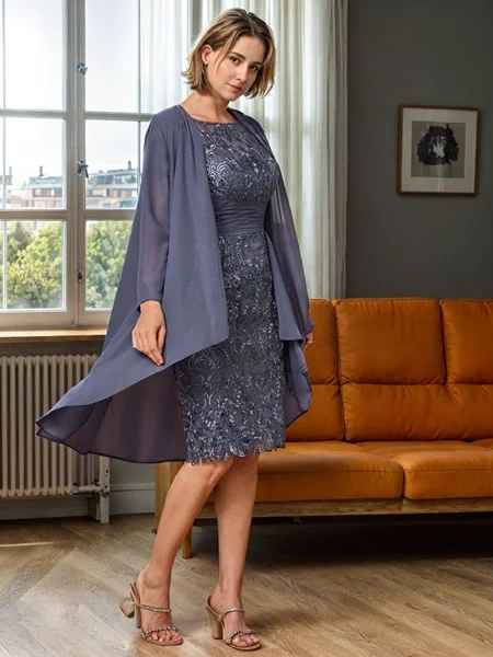 Sheath Scoop Short Sleeves Appliques Lace Knee-Length Chiffon Mother of the Bride Dress