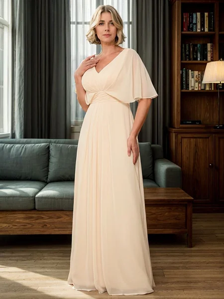 A-line V-neck 1/2 Sleeves Pleated Floor-Length Chiffon Mother of the Bride Dress