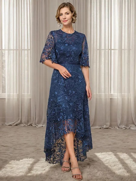 A-line Scoop 1/2 Sleeves Asymmetrical Lace Mother of the Bride Dress