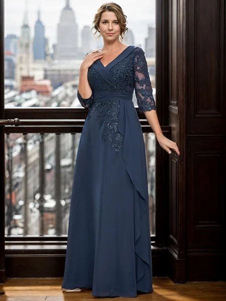 A-line V-neck 3/4 Sleeves Appliques Lace Floor-Length Chiffon Mother of the Bride Dress