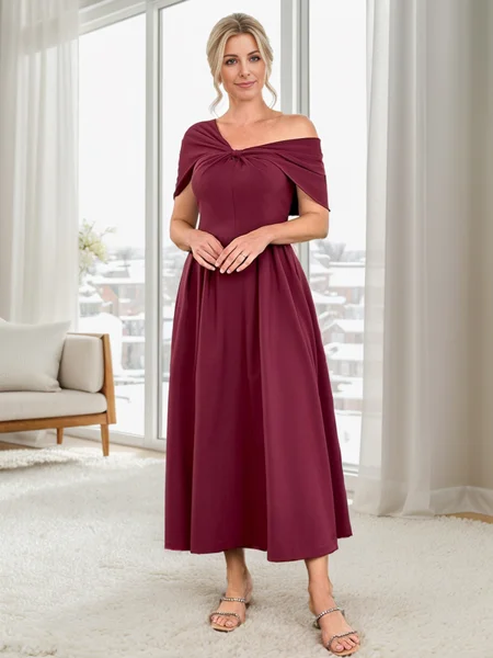A-line Pleated Ankle-Length Stretch Crepe Mother of the Bride Dress