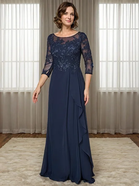A-line Scoop 3/4 Sleeves Appliques Lace Floor-Length Chiffon Mother of the Bride Dress