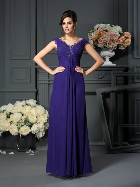 A-Line/Princess V-neck Floor-Length Chiffon Mother of the Bride Dresses With Beading