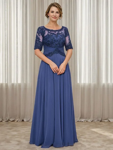 A-line Scoop 1/2 Sleeves Appliques Lace Floor-Length Chiffon Mother of the Bride Dress