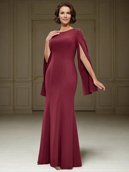 Sheath Scoop Long Sleeves Rhinestone Floor-Length Stretch Crepe Mother of the Bride Dress