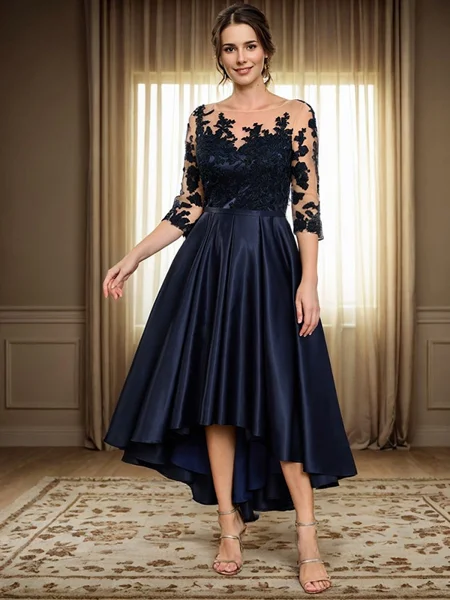 A-line Bateau 3/4 Sleeves Appliques Lace Asymmetrical Satin Mother of the Bride Dress