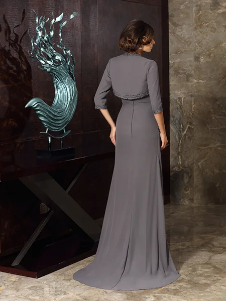 Sheath/Column Sweetheart Sweep Train Chiffon Mother of the Bride Dresses With Beading