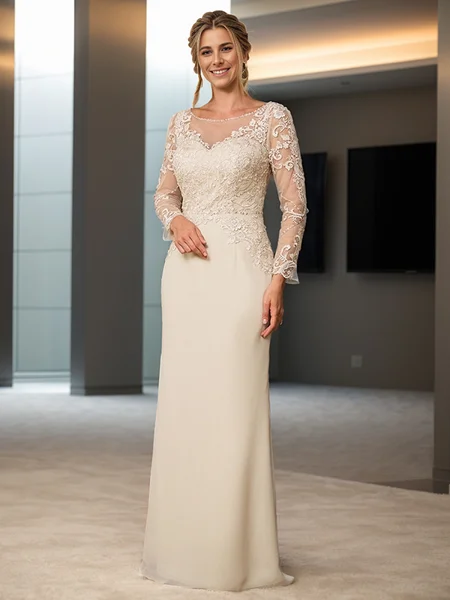 Sheath Scoop Long Sleeves Appliques Lace Floor-Length Chiffon Mother of the Bride Dress