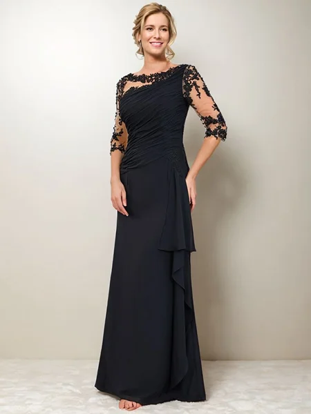 Sheath Scoop 1/2 Sleeves Appliques Lace Floor-Length Chiffon Mother of the Bride Dress