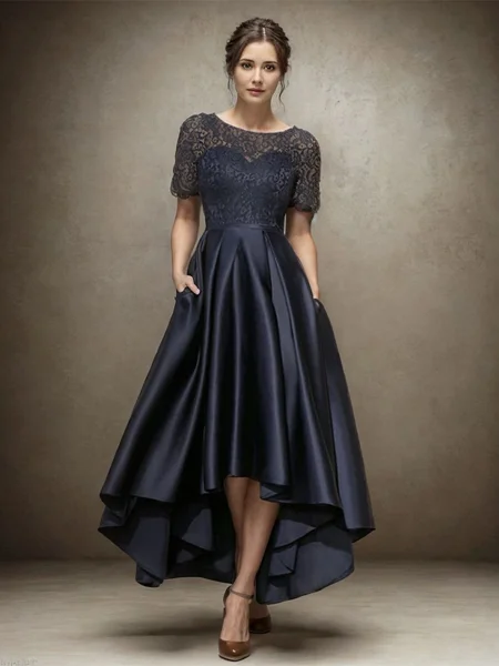 A-Line Bateau Short Sleeves Appliques Lace Asymmetrical Satin Mother of the Bride Dress