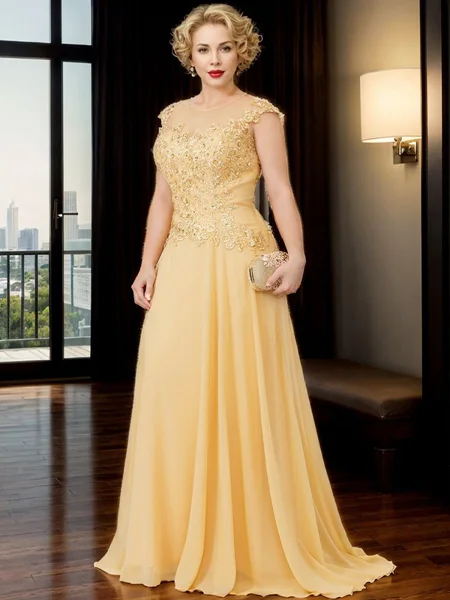 Sheath Illusion Short Sleeves Applique Sweep Train Chiffon Mother of the Bride Dress