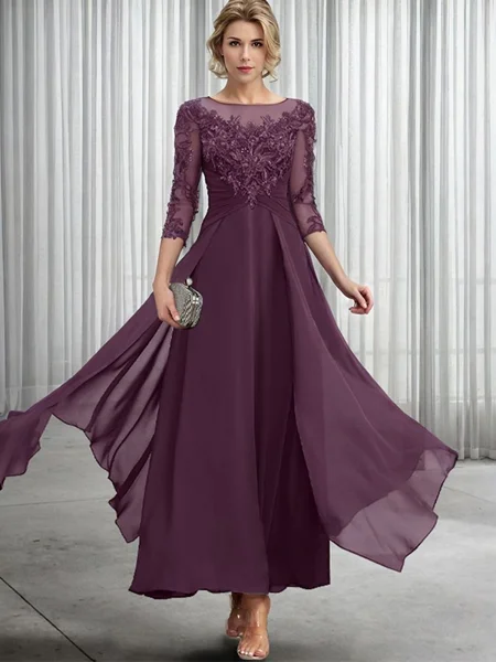 A-Line Bateau 3/4 Sleeves Applique Ankle-Length Chiffon Mother of the Bride Dress