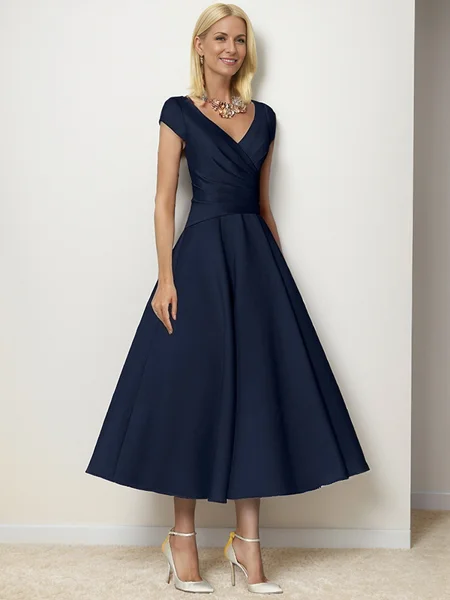 A-Line V-neck Short Sleeves Pleated Tea-Length Satin Mother of the Bride Dress