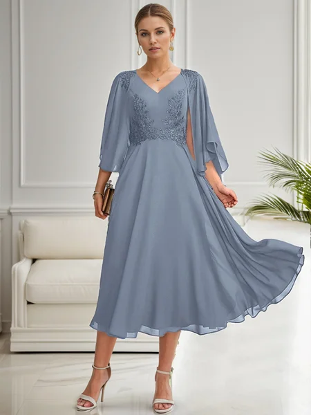A-line V-neck 3/4 Sleeves Appliques Lace Tea-Length Chiffon Mother of the Bride Dress