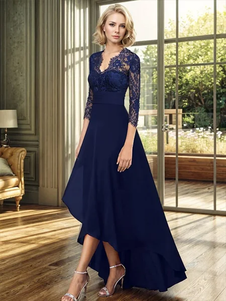 A-line V-neck 3/4 Sleeves Appliques Lace Asymmetrical Chiffon Mother of the Bride Dress