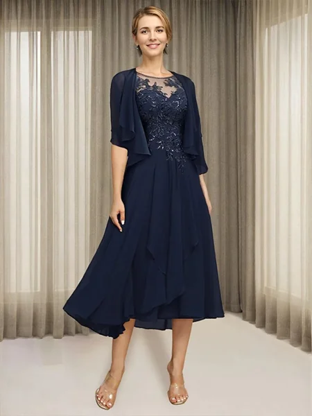 A-line Scoop Short Sleeves Appliques Lace Asymmetrical Chiffon Mother of the Bride Dress