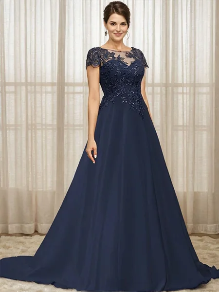 A-line Scoop Short Sleeves Appliques Lace Sweep Train Chiffon Mother of the Bride Dress