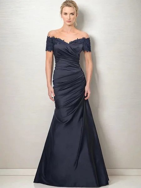 Sheath Off-the-Shoulder Short Sleeves Pleated Floor-Length Satin Mother of the Bride Dress