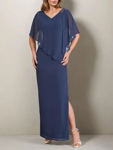 Sheath V-neck 1/2 Sleeves Ruffles Floor-Length Chiffon Mother of the Bride Dress