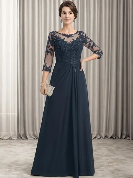 A-line Bateau 3/4 Sleeves Appliques Lace Floor-Length Chiffon Mother of the Bride Dress