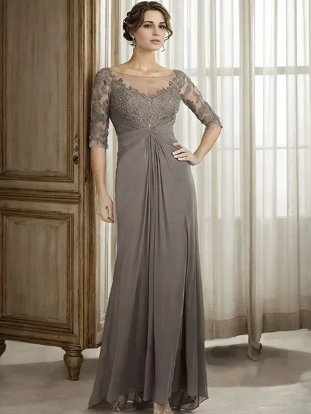 Sheath Scoop 3/4 Sleeves Appliques Lace Floor-Length Chiffon Mother of the Bride Dress
