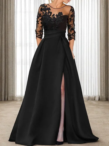 A-line Scoop 3/4 Sleeves Appliques Lace Sweep Train Satin Mother of the Bride Dress