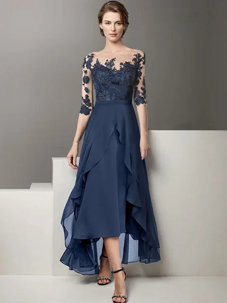A-line Bateau 1/2 Sleeves Appliques Lace Asymmetrical Chiffon Mother of the Bride Dress