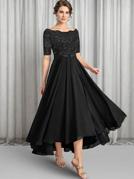 A-line Bateau 1/2 Sleeves Appliques Lace Asymmetrical Chiffon Mother of the Bride Dress